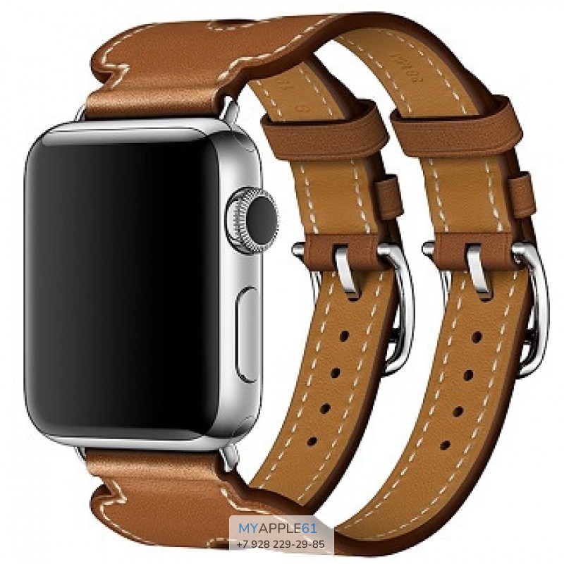Apple Watch Hermes 38 мм, Корпус из нержавеющей стали, ремешок Manchette из кожи Barenia цвета Fauve с двойной пряжкой